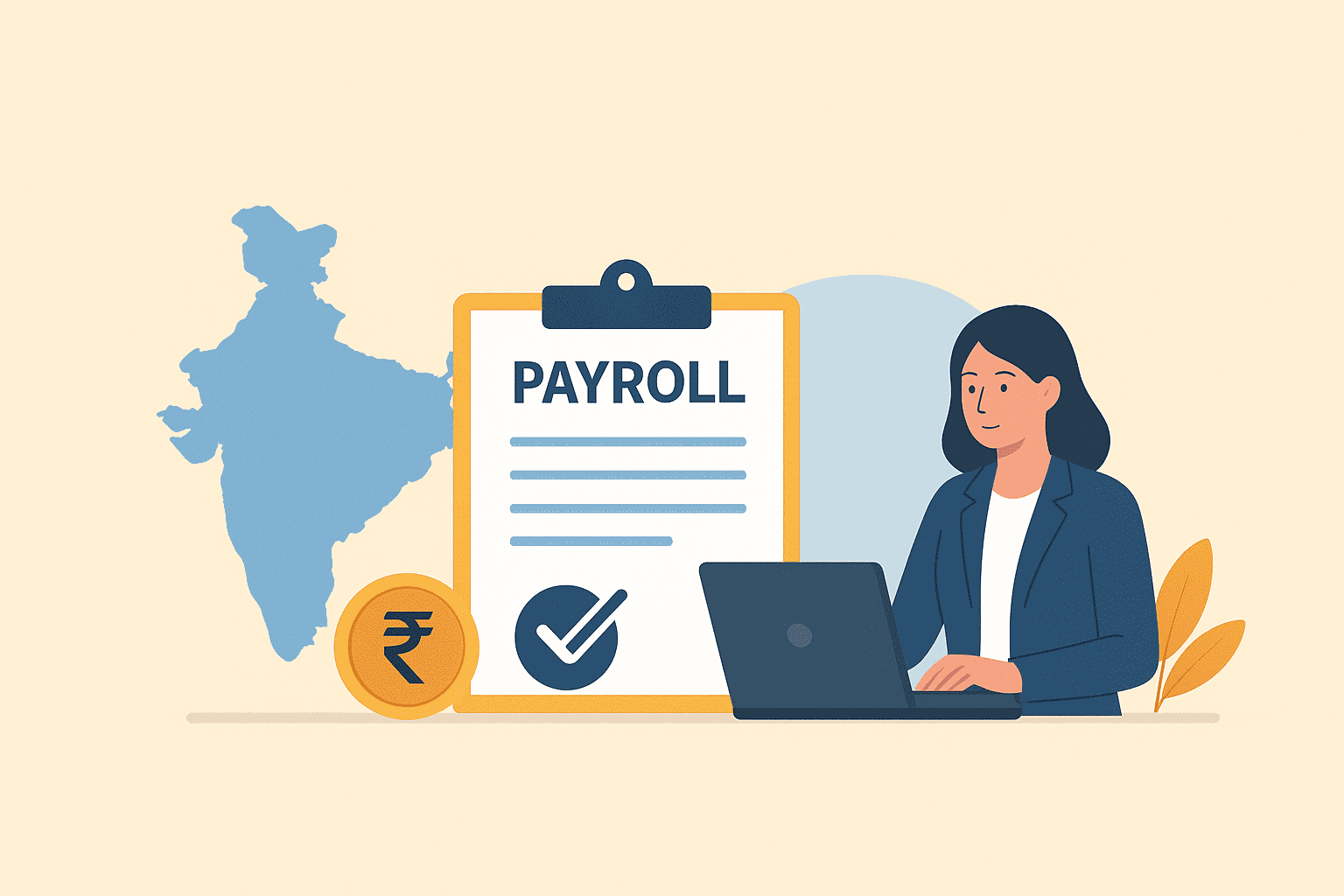 Illustration of payroll outsourcing in India with woman on laptop, contract clipboard, rupee coin, and India map.