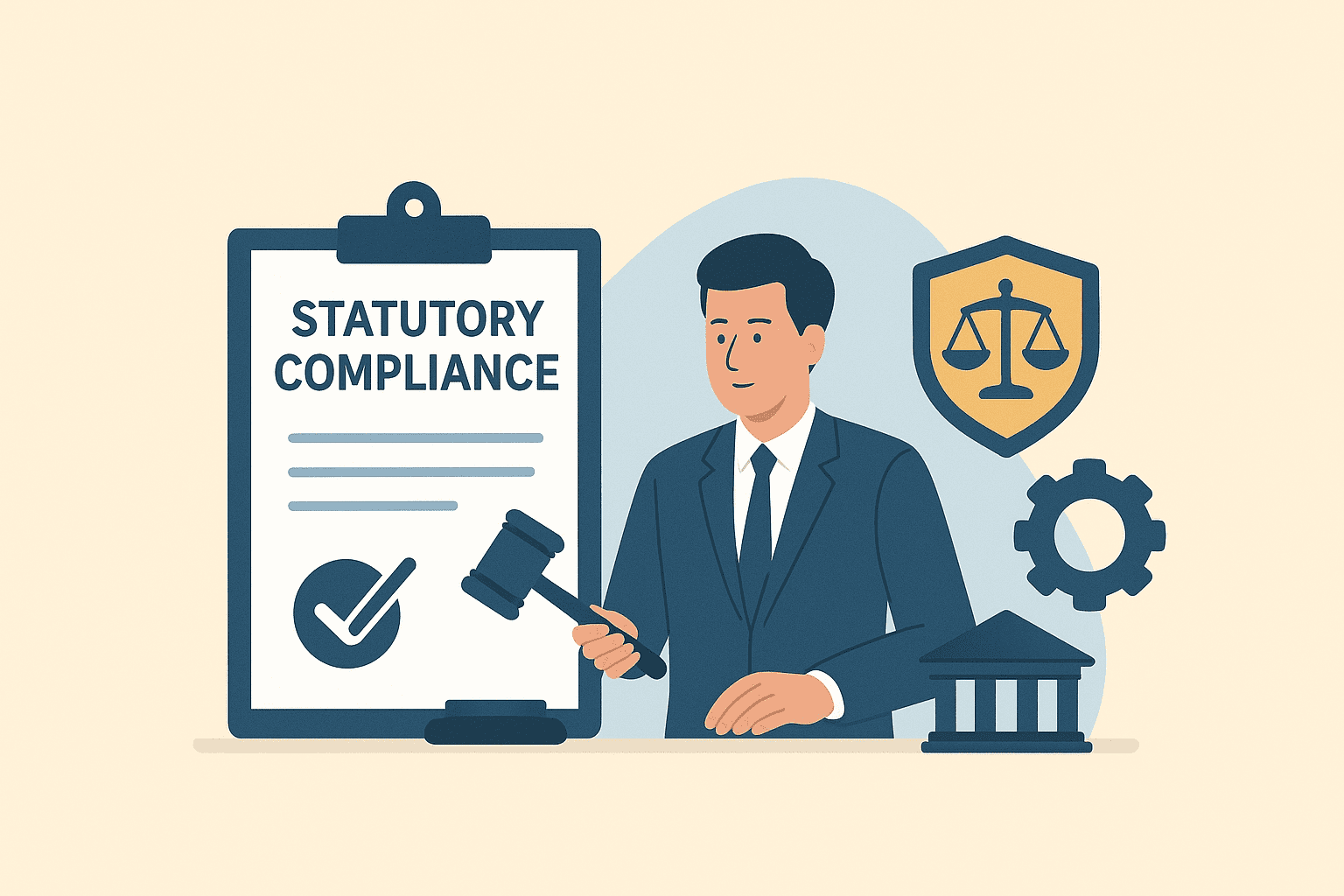 Illustration of statutory compliance services with lawyer, gavel, shield, gear, and legal building icons.