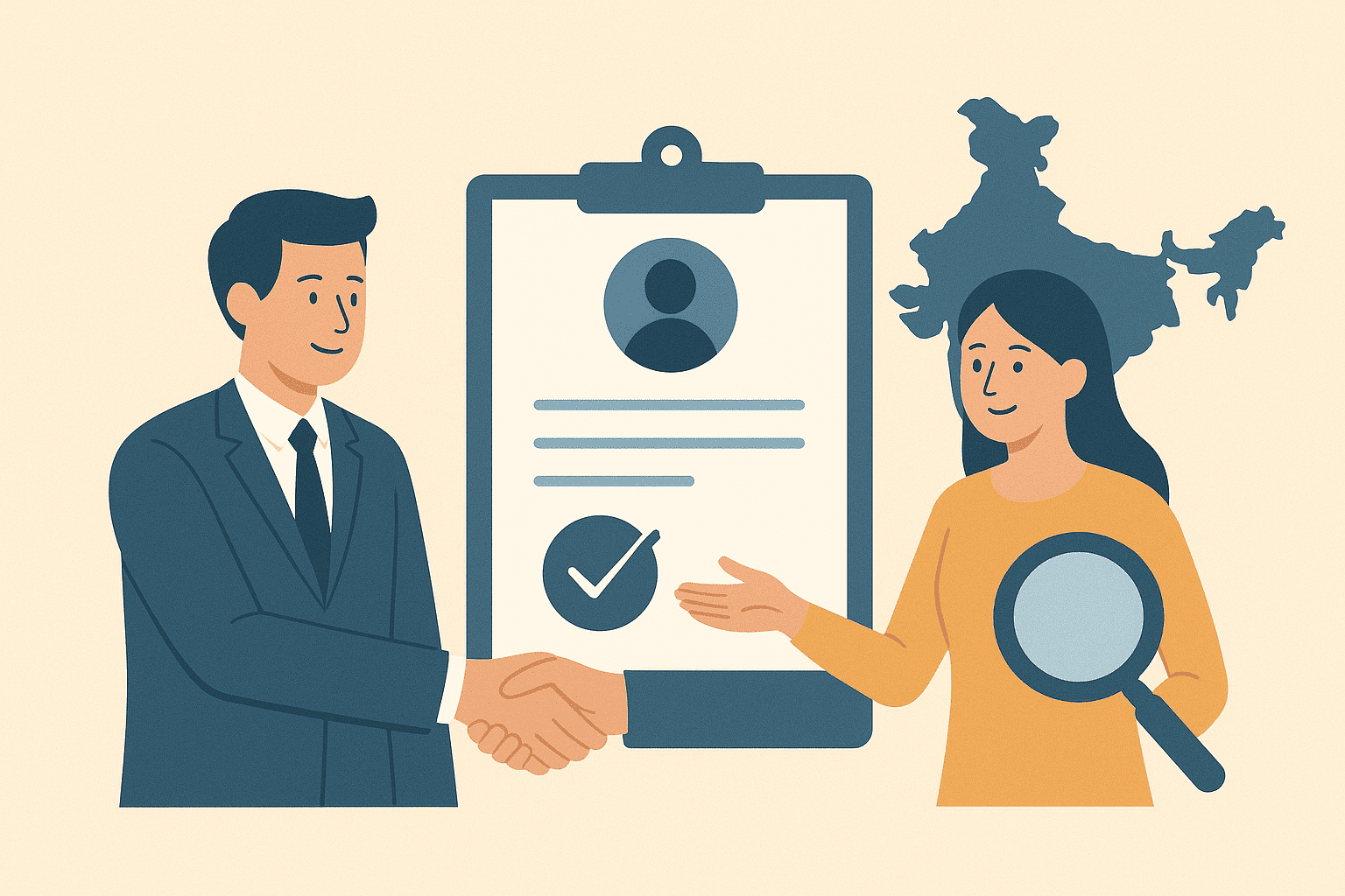 Illustration of talent acquisition in India with handshake, recruiter, candidate profile, magnifying glass, and India map.