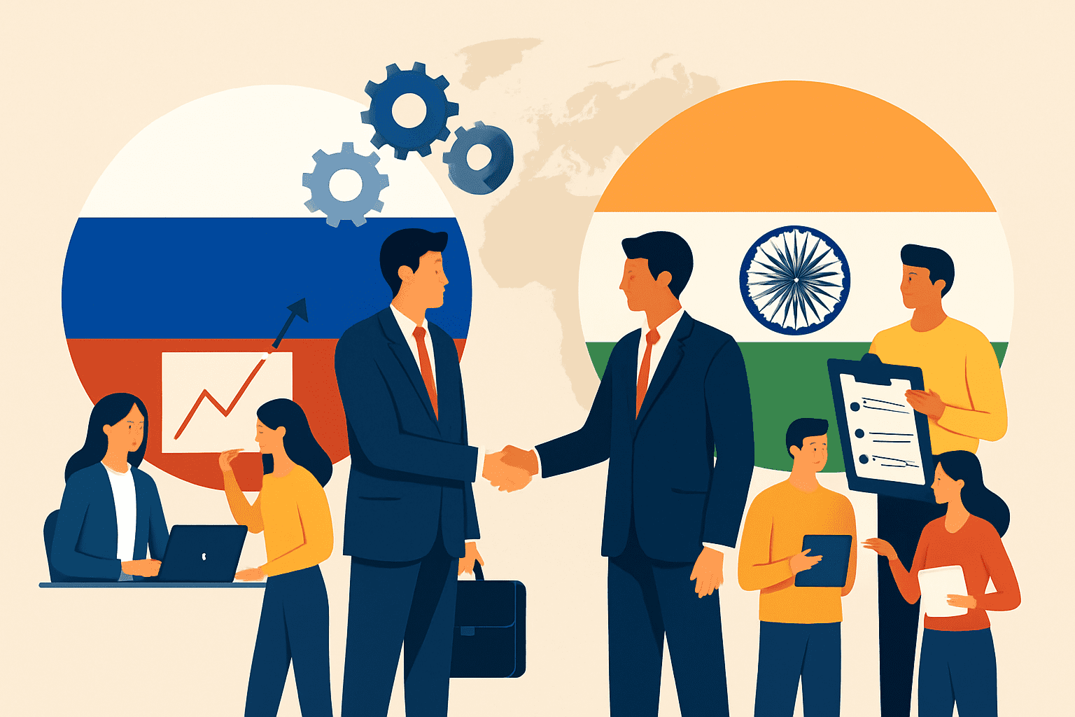Russia and India business partnership with handshake, teamwork, and national flags in the background.