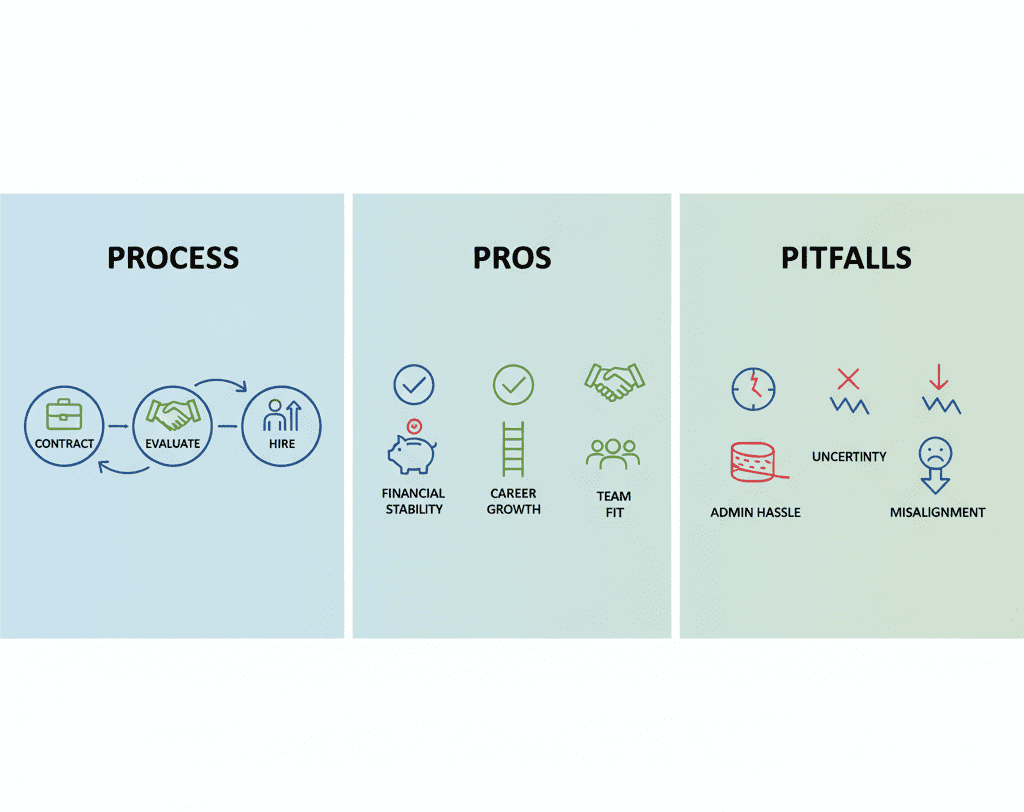 Horizontal infographic showing the contract-to-hire conversion process with icons representing the pros and pitfalls in a clean, minimalist style.