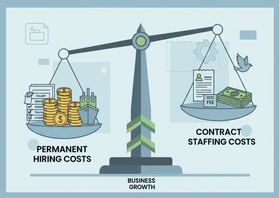 Business decision concept: Comparing permanent hiring costs versus contract staffing costs on a scale.