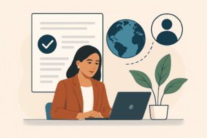 Illustration of a businesswoman working on a laptop, symbolizing global hiring and compliance with Employer of Record services, featuring a globe and HR icons.