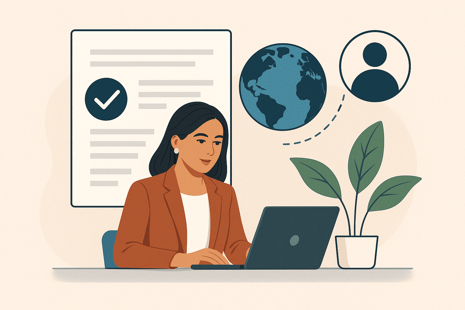 Illustration of a businesswoman working on a laptop, symbolizing global hiring and compliance with Employer of Record services, featuring a globe and HR icons.