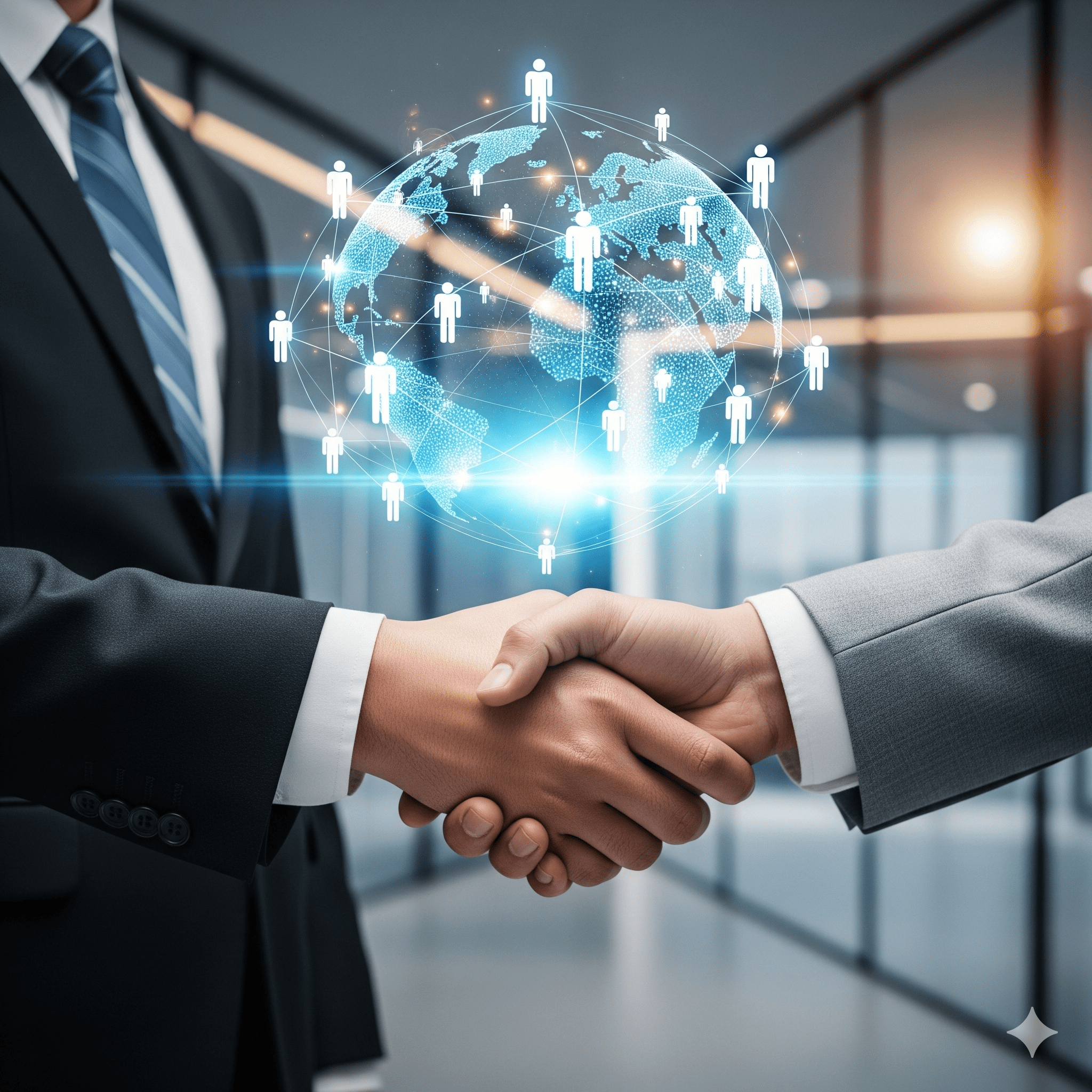 Handshake between business professionals with digital globe, symbolizing global hiring and employer of record services