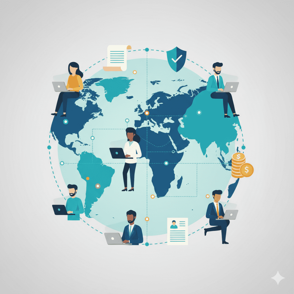Global professionals with laptops around a globe, connected by EOR symbols for contracts, payroll, compliance.