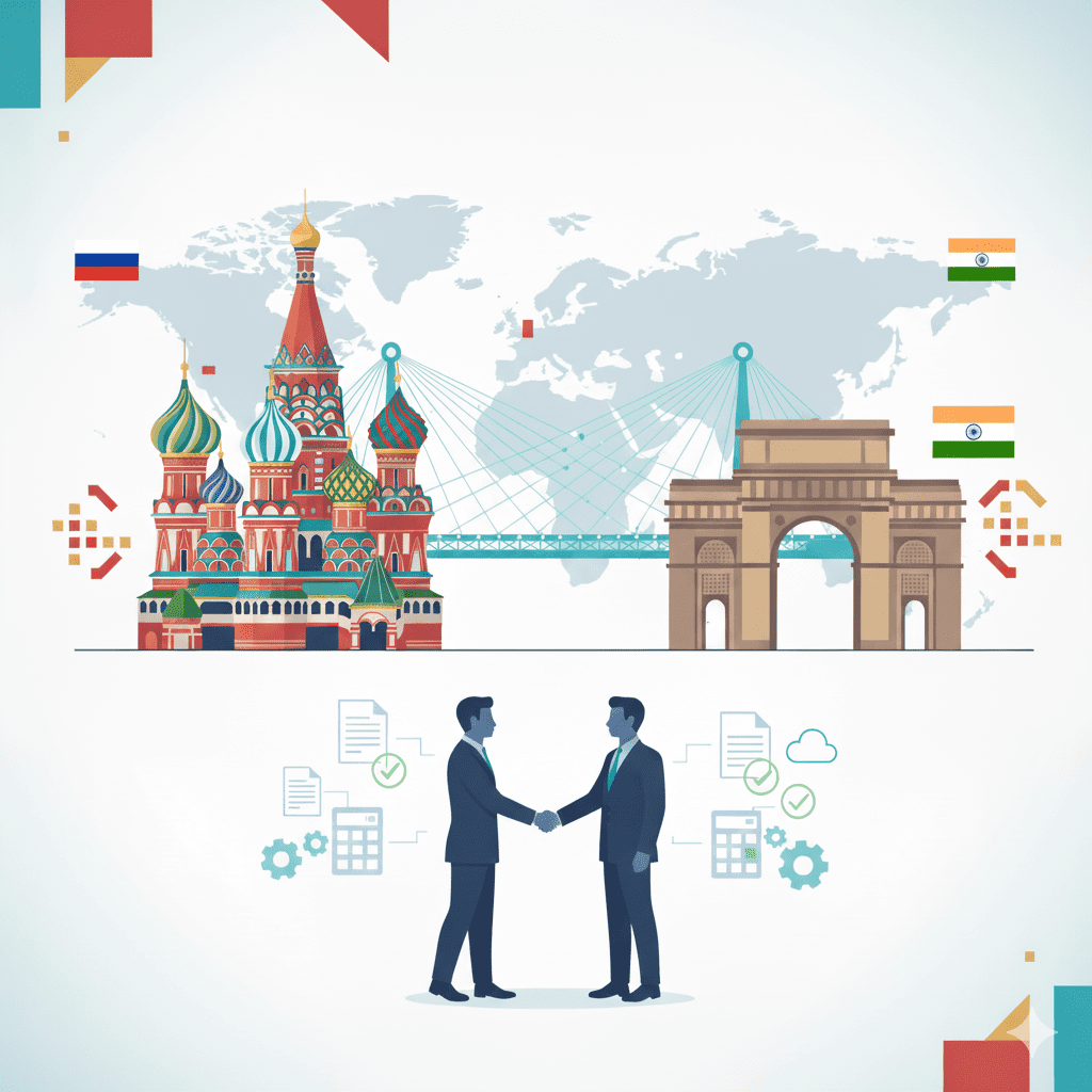 India–Russia partnership illustrated with iconic landmarks, handshake, and business collaboration symbols.