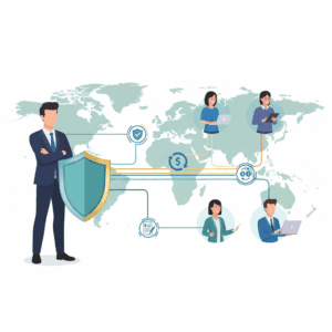 A vector illustration showing a central platform connecting a manager and employees across different countries with secure, compliant digital bridges.