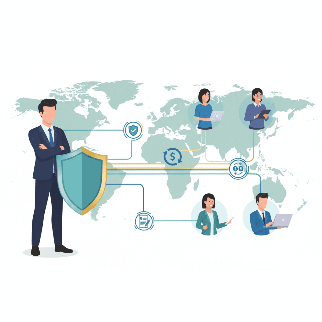 A vector illustration showing a central platform connecting a manager and employees across different countries with secure, compliant digital bridges.