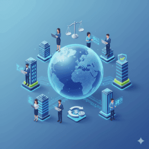 illustration of a central platform connecting diverse professionals in different countries, symbolizing a global EOR process