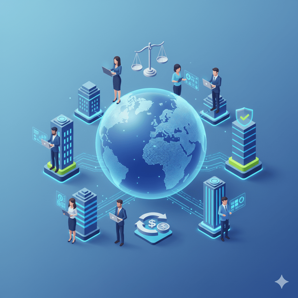 illustration of a central platform connecting diverse professionals in different countries, symbolizing a global EOR process