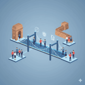 A flat illustration showing a glowing digital bridge connecting India's Gateway of India and China's Great Wall, symbolizing a global EOR link.