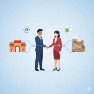 A vector illustration of a handshake between Indian and Chinese professionals with digital pathways connecting them to landmarks, symbolizing global EOR.