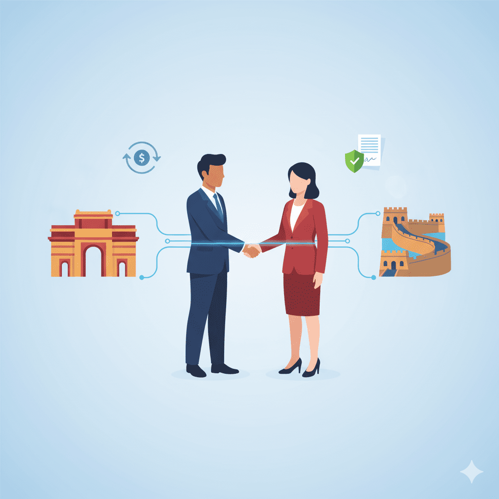 A vector illustration of a handshake between Indian and Chinese professionals with digital pathways connecting them to landmarks, symbolizing global EOR.