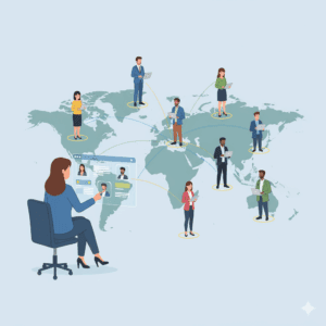 A vector illustration showing a central dashboard connecting a recruiter with diverse professionals in different countries on a world map.