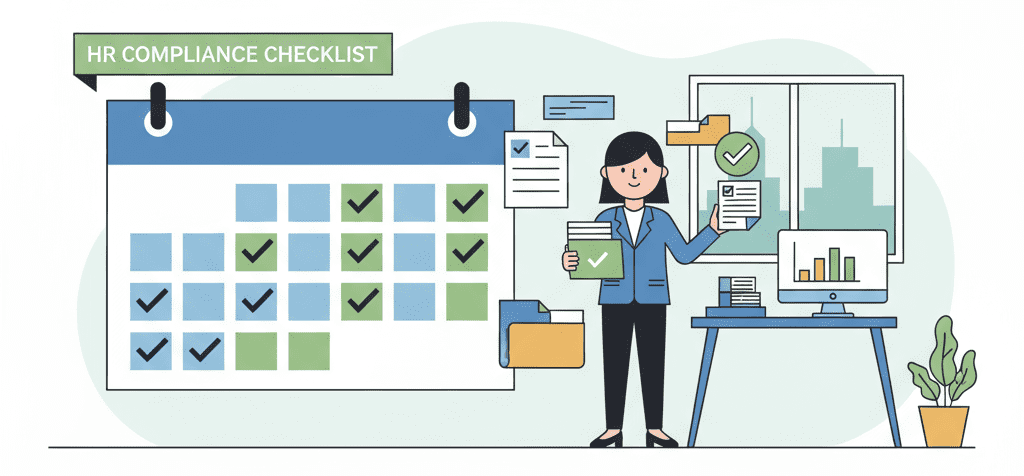 HR compliance checklist illustration with a calendar, check marks, and an HR manager in an office setting.