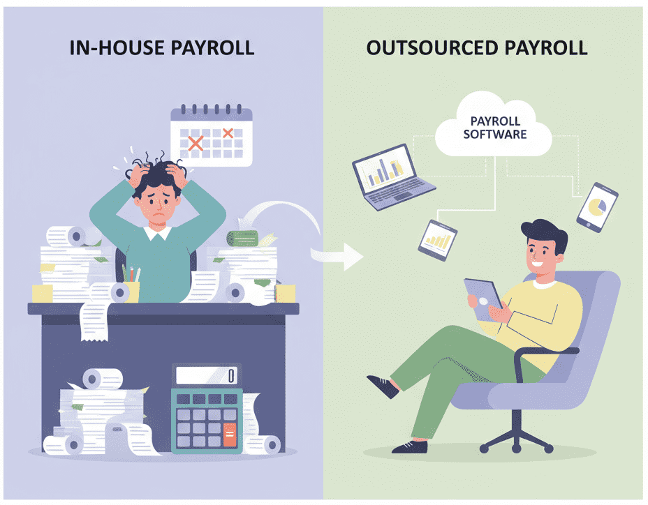 In-house vs. outsourced payroll: a visual comparison showing a stressed vs. a calm work environment.