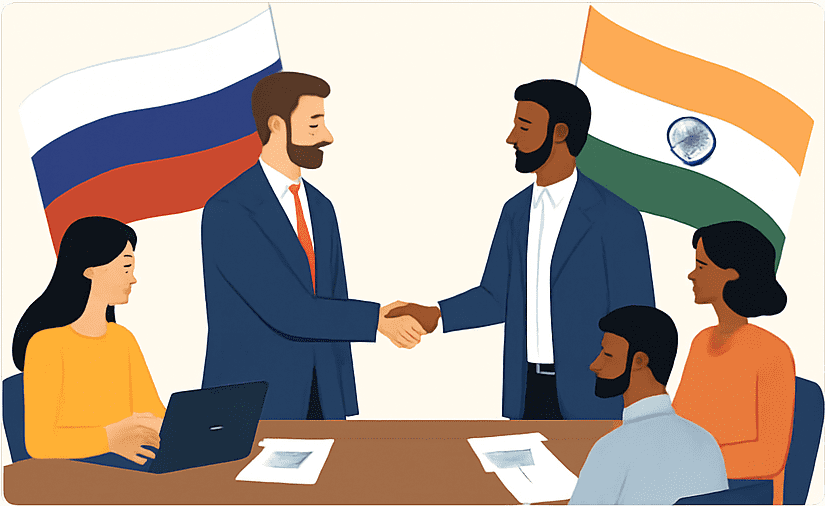 Russia–India business handshake with team members and national flags.