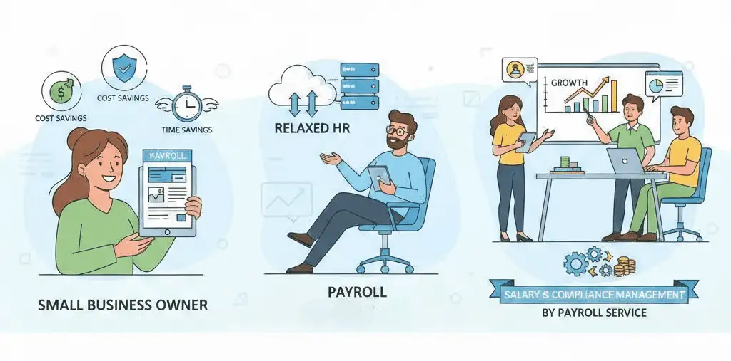 Infographic showing the benefits of payroll outsourcing: a happy business owner, relaxed HR, and a team focused on growth.