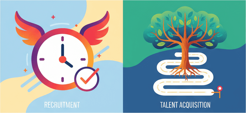 A split-screen graphic comparing short-term Recruitment and long-term Talent Acquisition with colorful, minimalist icons.