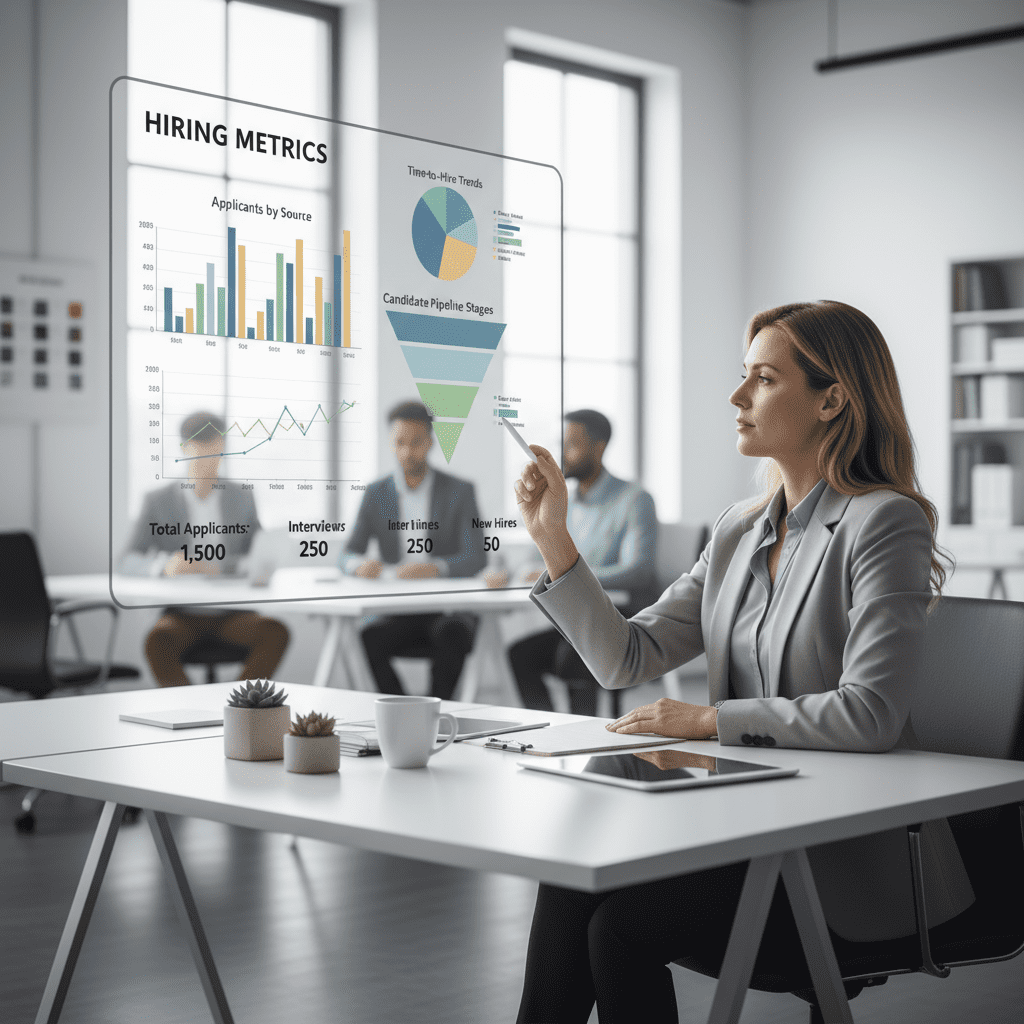 An HR professional analyzes a modern dashboard displaying colorful hiring metrics with charts and graphs.