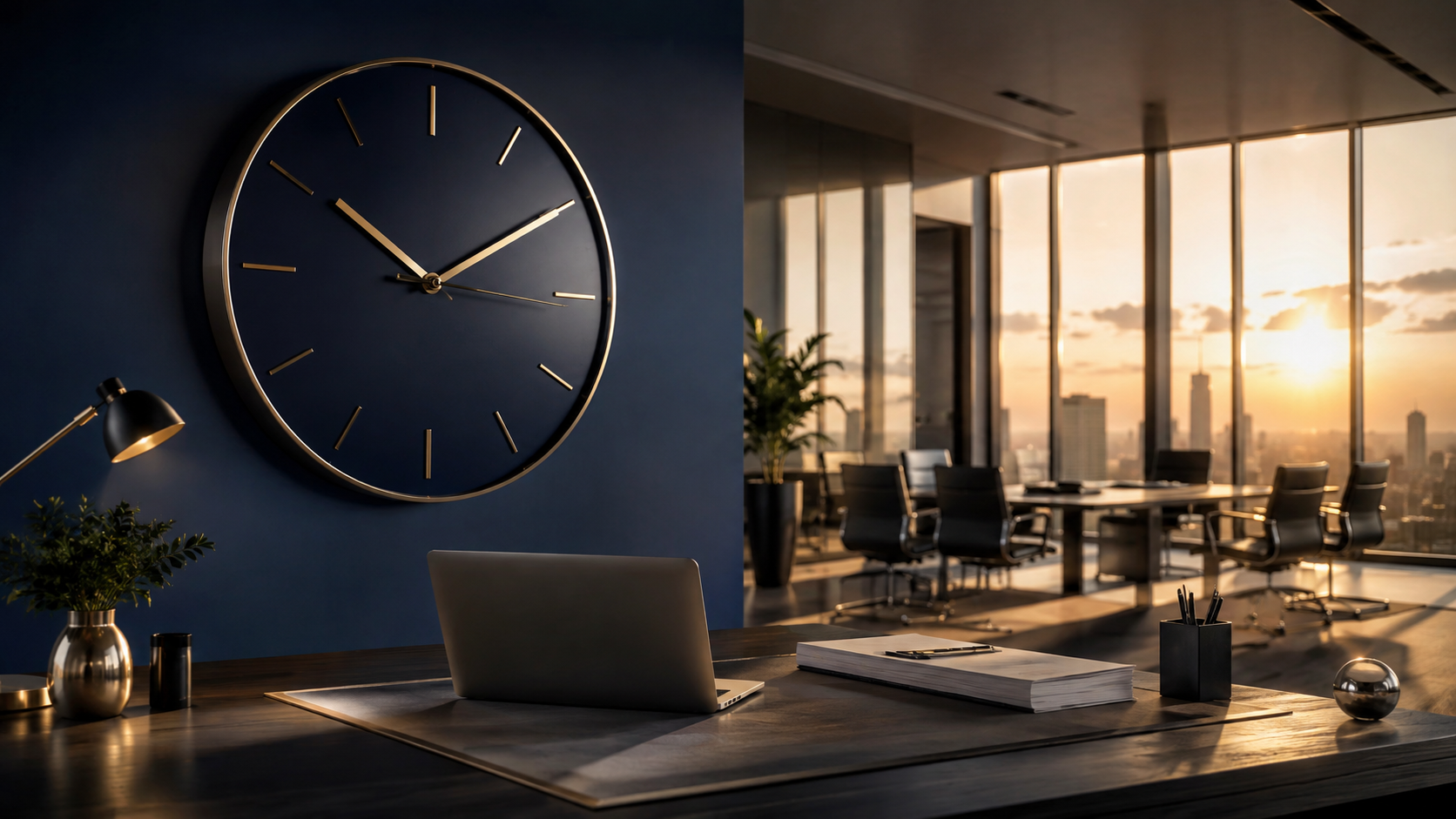 A large minimalist clock in a modern corporate boardroom symbolising India's new 48-hour full and final settlement rule for payroll teams under the 2026 Labour Codes.