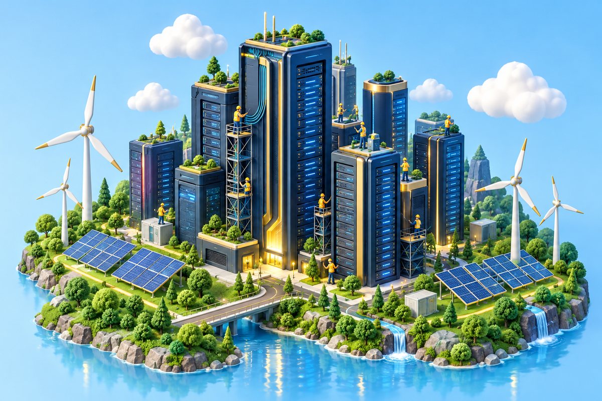 Data centre hiring in India: illustration of server-rack towers powered by solar and wind energy