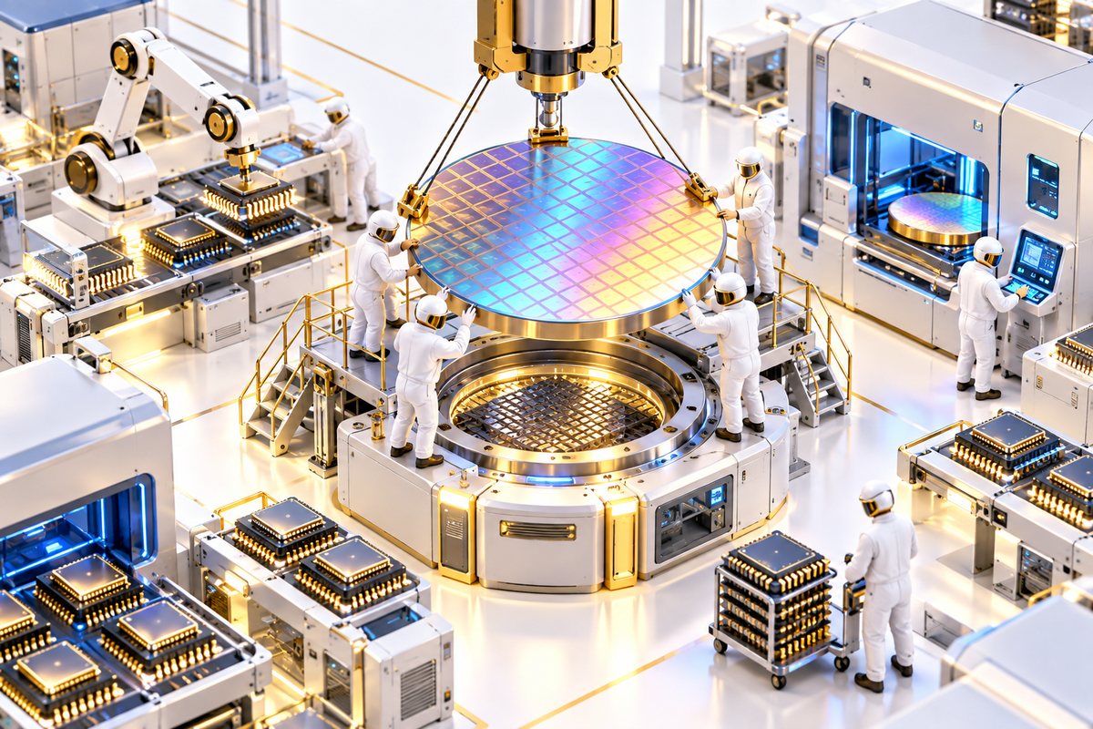 Hiring semiconductor engineers in India: illustration of engineers placing a silicon wafer in a chip fab