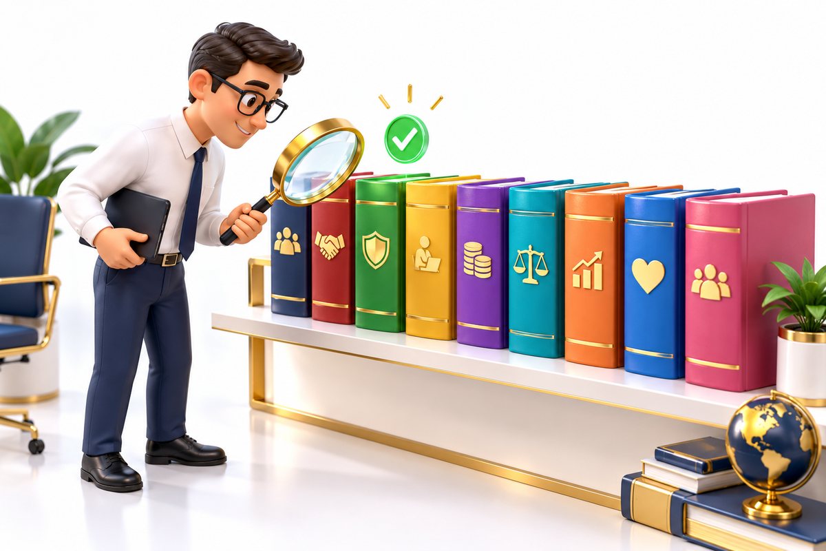 Labour code state rules: illustration of an HR professional checking a shelf of compliance rulebooks