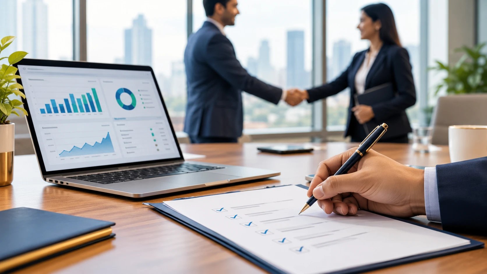 HR leader reviewing a third-party payroll partner checklist while two professionals shake hands in a modern office
