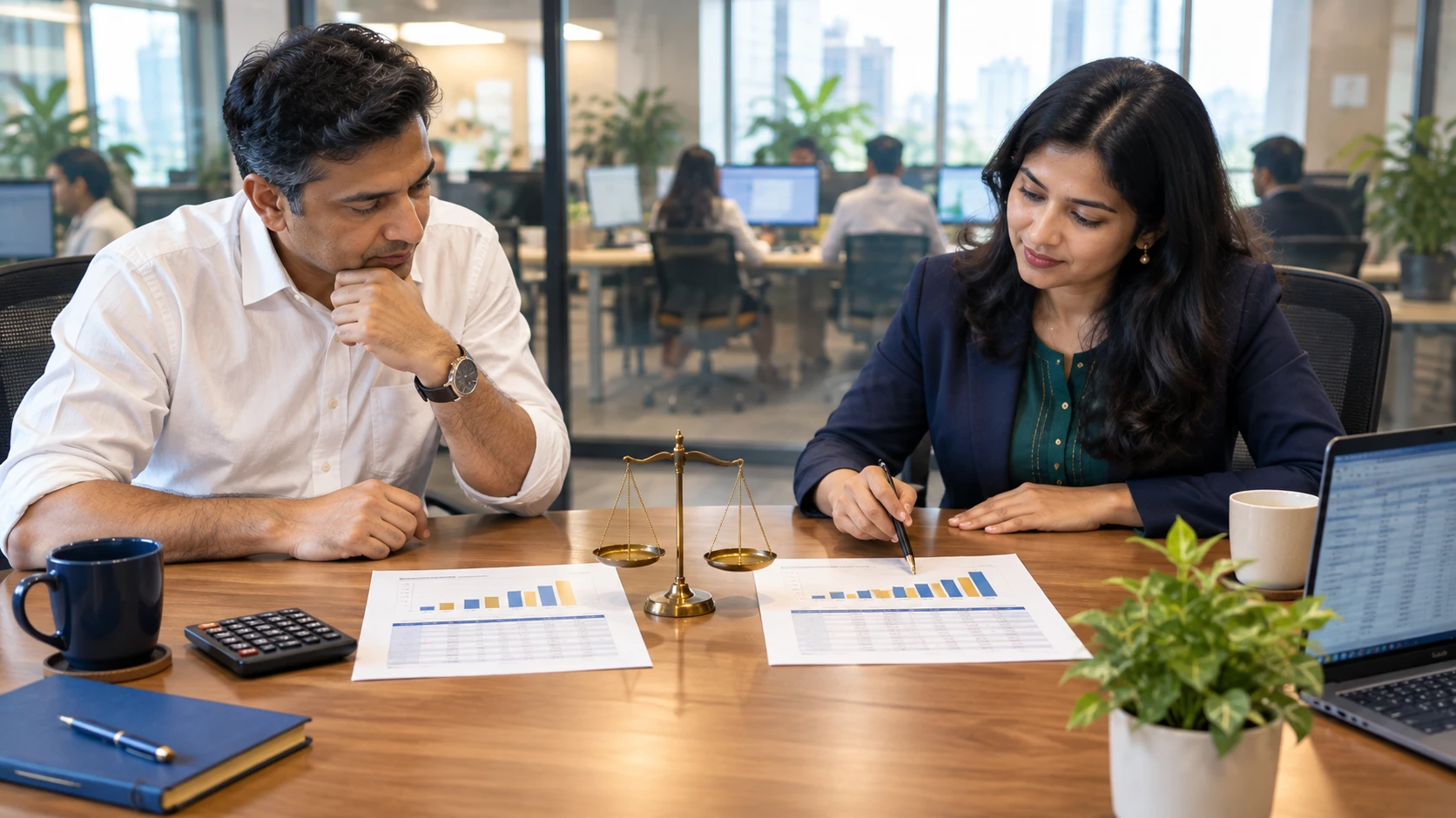 Business owner and finance head comparing contract staffing and direct hiring costs with a balance scale