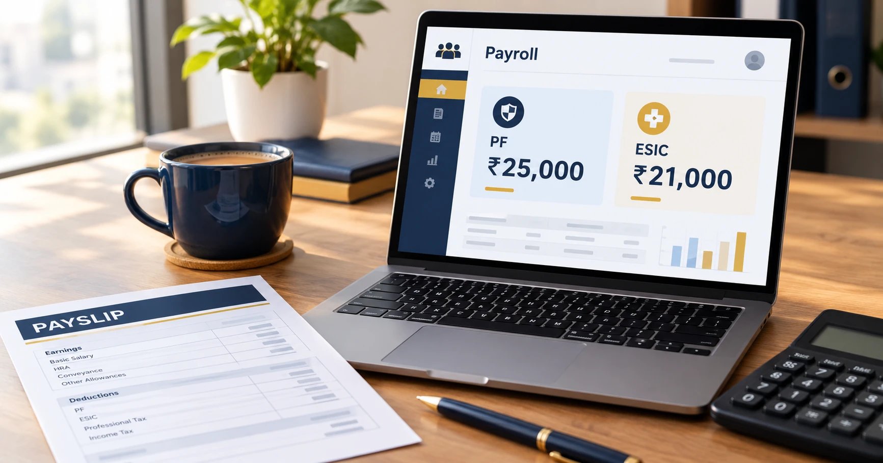 Payroll dashboard showing PF wage ceiling Rs 25,000 and ESIC limit Rs 21,000, with a payslip and calculator
